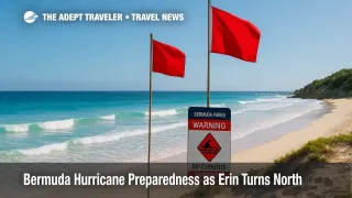 Red flags on a South Shore Bermuda beach warn of rip currents during Erin, illustrating Bermuda hurricane preparedness messaging.