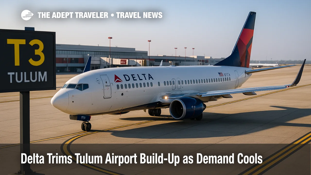 A Delta 737 taxis at Atlanta as airlines scale back some Tulum airport flights after last year's rapid build-up.