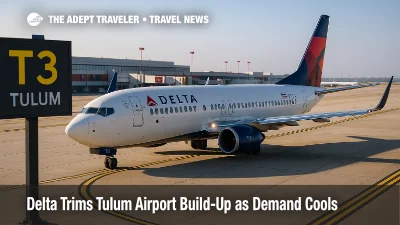 A Delta 737 taxis at Atlanta as airlines scale back some Tulum airport flights after last year's rapid build-up.
