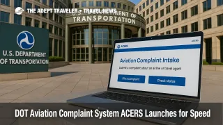 A traveler uses the ACERS portal outside USDOT headquarters, illustrating the DOT aviation complaint system and real-time case routing.