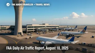 A busy ramp below an FAA control tower as summer storms build, illustrating delays and reroutes in today's FAA Daily Air Traffic Report.