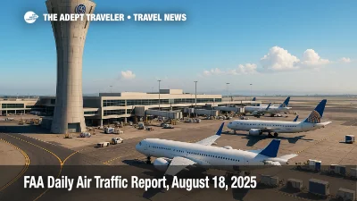 A busy ramp below an FAA control tower as summer storms build, illustrating delays and reroutes in today's FAA Daily Air Traffic Report.