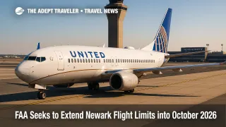 A United jet taxis past the Newark control tower, illustrating Newark flight limits and New York slot waiver impacts on schedules through 2026.