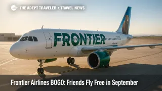 Frontier Airlines A320neo at a sunny gate highlights the September friends fly free sale and Discount Den companion deal.