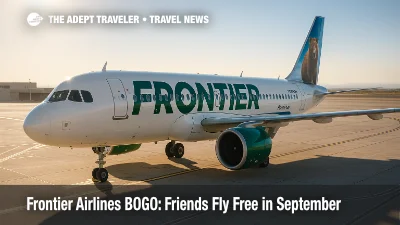 Frontier Airlines A320neo at a sunny gate highlights the September friends fly free sale and Discount Den companion deal.