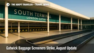 Baggage conveyors and check-in hall at London Gatwick, illustrating operations during the Gatwick baggage screeners strike ballot update.