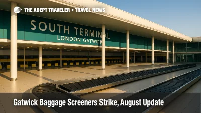 Baggage conveyors and check-in hall at London Gatwick, illustrating operations during the Gatwick baggage screeners strike ballot update.
