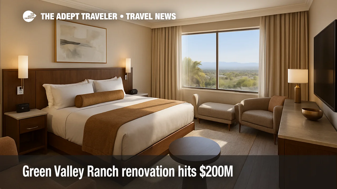 A newly renovated Green Valley Ranch suite shows walnut accents, ivory onyx bath finishes, and soft lighting, illustrating the Green Valley Ranch renovation.