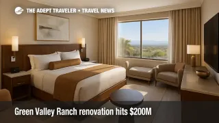 A newly renovated Green Valley Ranch suite shows walnut accents, ivory onyx bath finishes, and soft lighting, illustrating the Green Valley Ranch renovation.