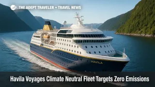 A Havila Voyages hybrid ship glides through a Norwegian fjord, illustrating the climate neutral fleet plan using biogas and battery power.