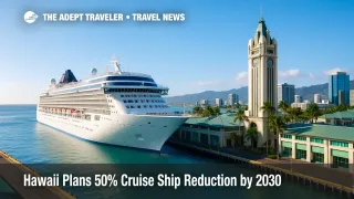 A large cruise ship docked at Honolulu Harbor near Aloha Tower under clear skies, illustrating Hawaii cruise ship reduction goals.
