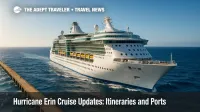 A cruise ship turns toward calmer seas near a sheltered harbor as Hurricane Erin cruise updates drive last-minute itinerary changes.