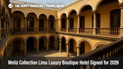 A restored colonial courtyard in Lima's historic center, reflecting a luxury boutique hotel ambiance near the Plaza de Armas.