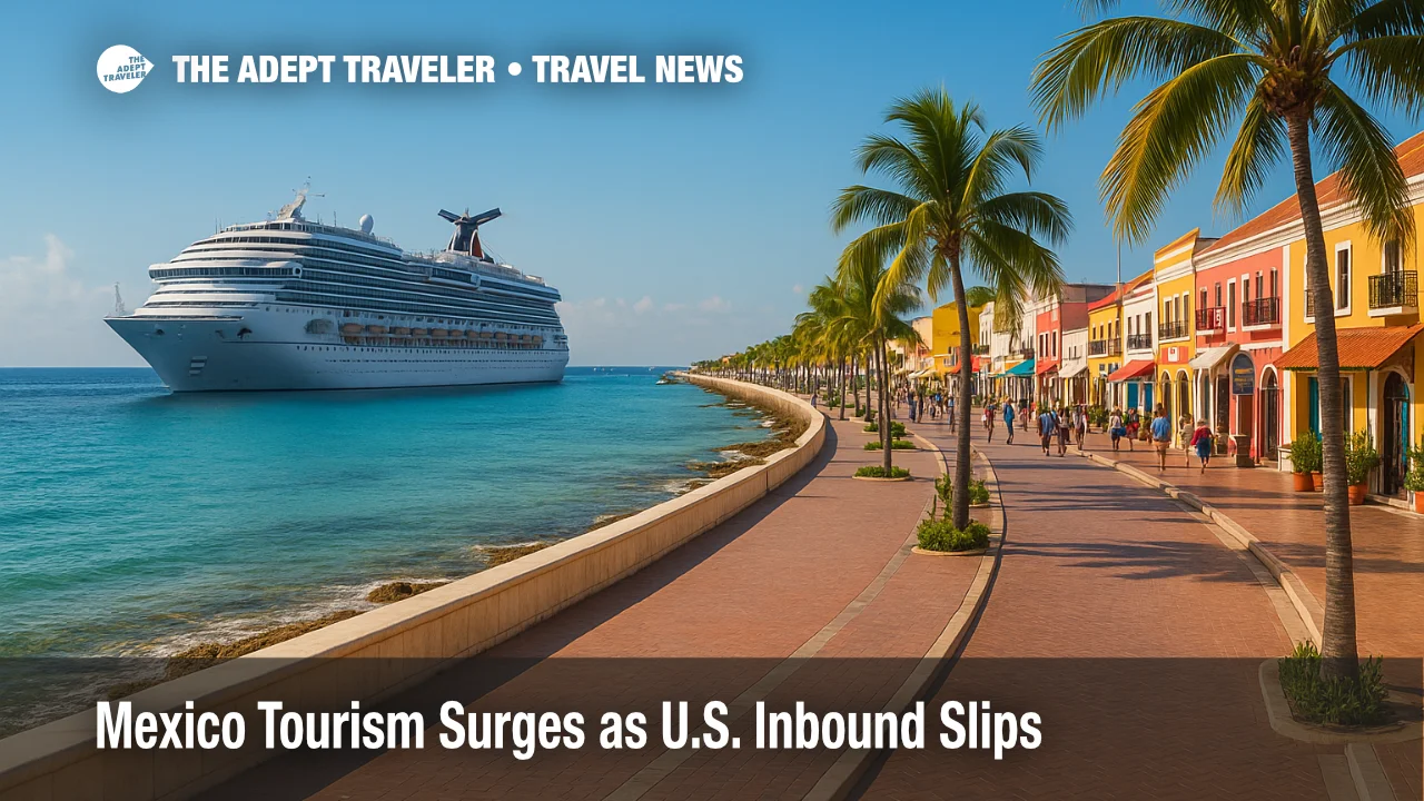 A lively Mexican waterfront with a cruise ship offshore illustrates Mexico tourism growth and rising international tourism in 2025.