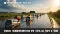Waterlogged Mumbai roadway near the airport, with stalled traffic and heavy clouds, illustrating flight delays and monsoon travel disruptions.