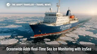 An Oceanwide ship navigates Arctic pack ice using real-time sea ice monitoring, illustrating safer expedition cruise operations in polar travel.