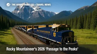 A Rocky Mountaineer train glides through alpine meadows with Mount Robson in view, showcasing the Passage to the Peaks Canadian Rockies rail journey.