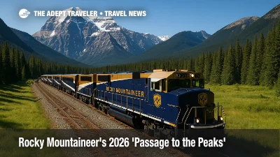 A Rocky Mountaineer train glides through alpine meadows with Mount Robson in view, showcasing the Passage to the Peaks Canadian Rockies rail journey.