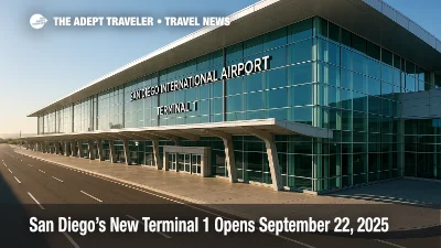 San Diego Terminal 1 exterior with new glass facade, showing expanded curbside and entrance for the airport expansion opening.