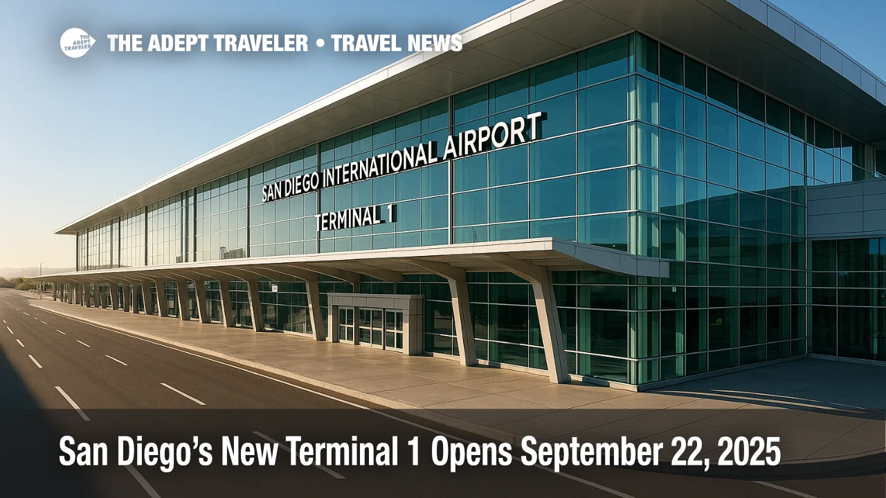 San Diego Terminal 1 exterior with new glass facade, showing expanded curbside and entrance for the airport expansion opening.
