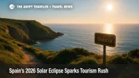 A rugged northern Spain coastline with a low western horizon offers an ideal vantage for Spain's 2026 solar eclipse and growing astro-tourism.