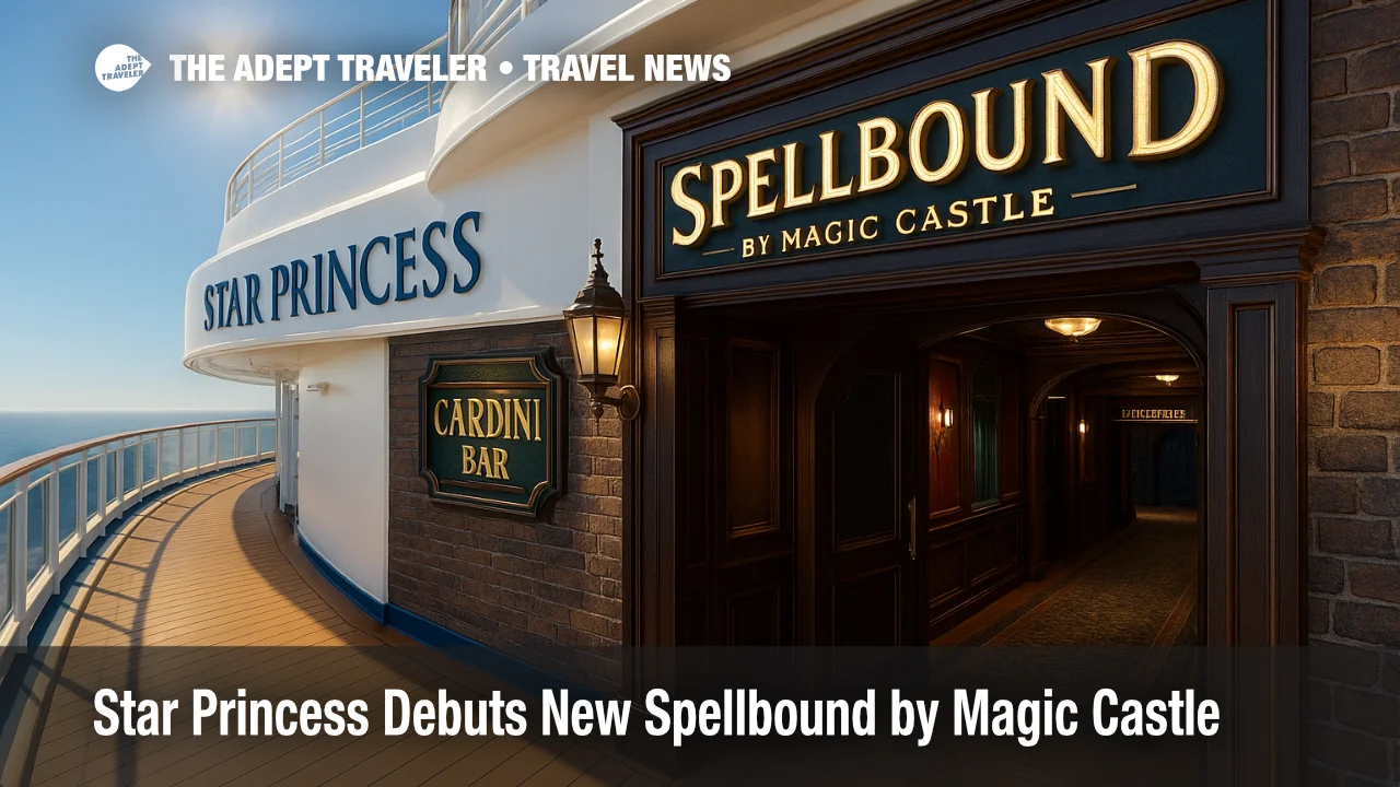 Aboard Star Princess, the Spellbound by Magic Castle entrance glows beside the Cardini Bar, signaling a new immersive magic lounge at sea.