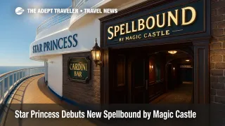 Aboard Star Princess, the Spellbound by Magic Castle entrance glows beside the Cardini Bar, signaling a new immersive magic lounge at sea.