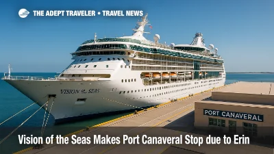 Vision of the Seas berthed at Port Canaveral under clear skies after a Hurricane Erin itinerary change, with pier and terminal in view.
