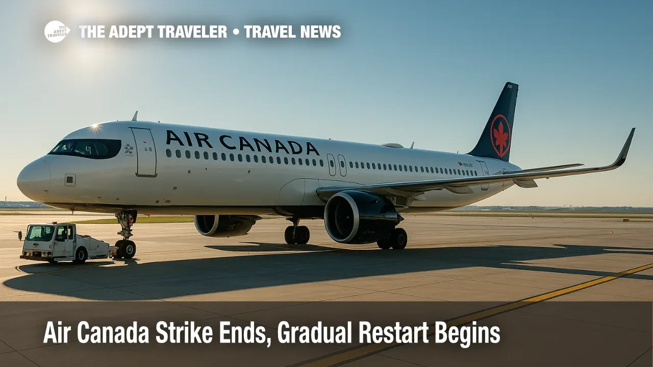 An Air Canada jet pushes back at Toronto Pearson during the post-strike recovery, illustrating refunds, rebooking, and the Air Canada strike restart.