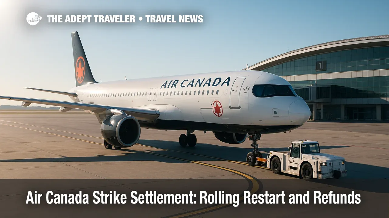 Air Canada aircraft pushes back at Toronto Pearson during the rolling restart after the air canada strike settlement, with ramps active.