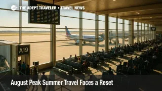 Busy U.S. airport gate area during August peak summer travel, with travelers in line and airlines reducing capacity as fares edge higher.