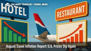 A clean collage of hotel, airplane, and restaurant elements illustrates a travel inflation report with hotels falling and dining costs rising.