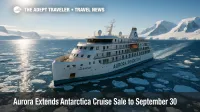 Small expedition ship navigates bright pack ice under clear skies, illustrating an Antarctica cruise sale on a sustainable expedition line.