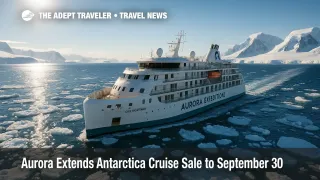 Small expedition ship navigates bright pack ice under clear skies, illustrating an Antarctica cruise sale on a sustainable expedition line.