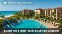A wide view of Treasure Beach Village at Beaches Turks & Caicos with a lagoon-style infinity pool facing Grace Bay, showcasing all-inclusive family resort luxury.