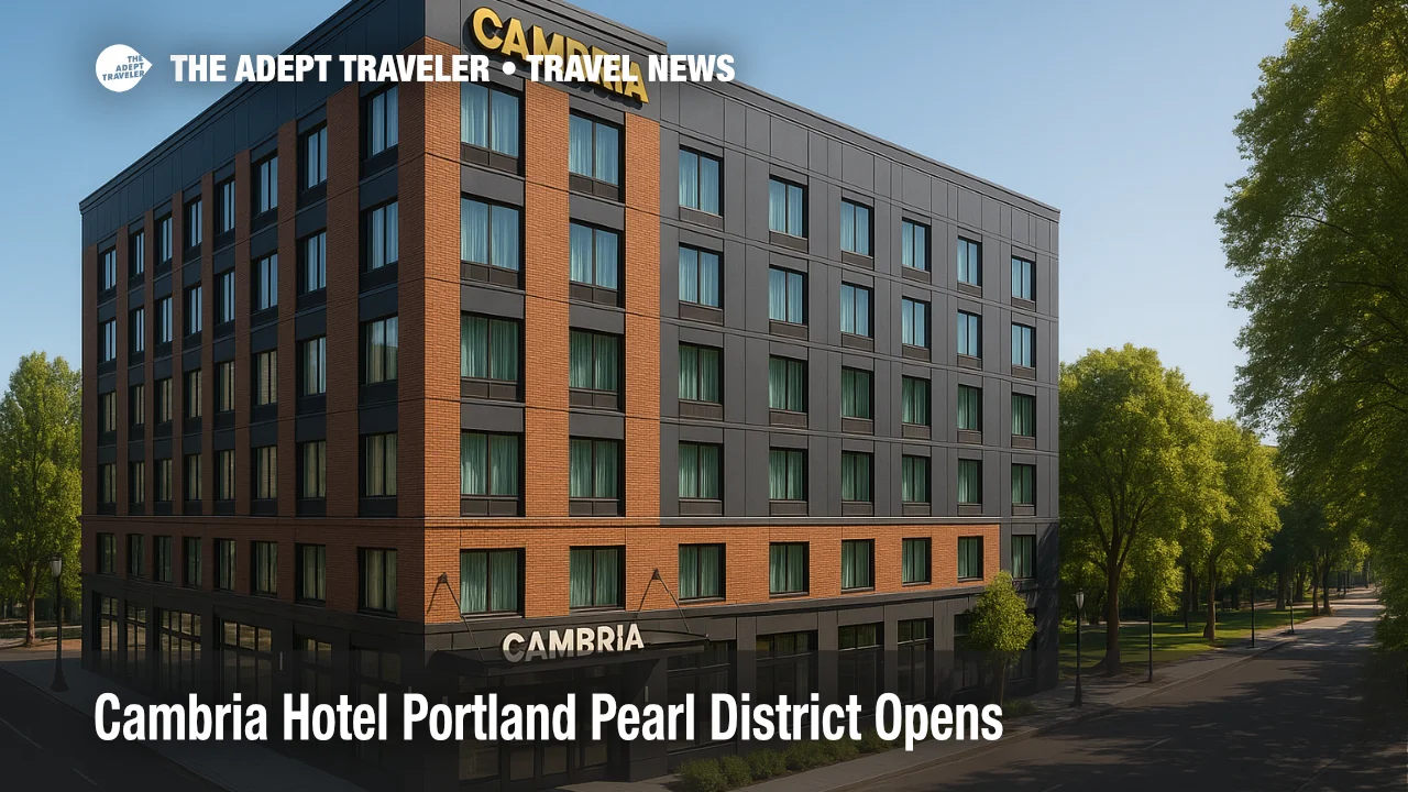 Exterior of Cambria Hotel Portland Pearl District with North Park Blocks nearby, a new Pearl District hotel for business and weekend travel.