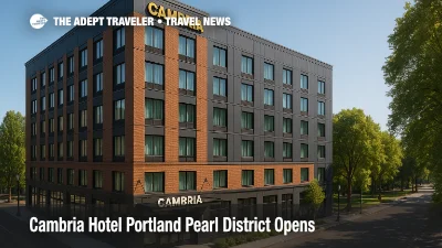 Exterior of Cambria Hotel Portland Pearl District with North Park Blocks nearby, a new Pearl District hotel for business and weekend travel.