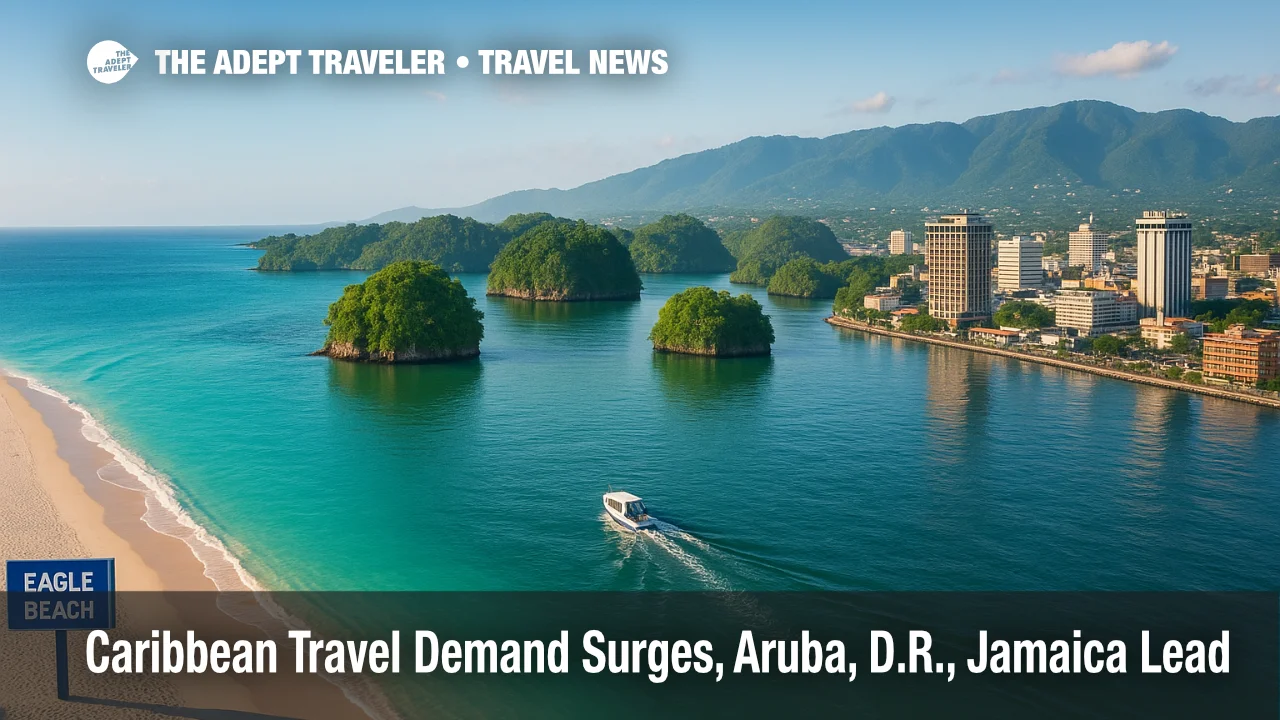 A wide Eagle Beach shoreline, Samaná mangroves, and Kingston cultural hints illustrate rising Caribbean travel demand.