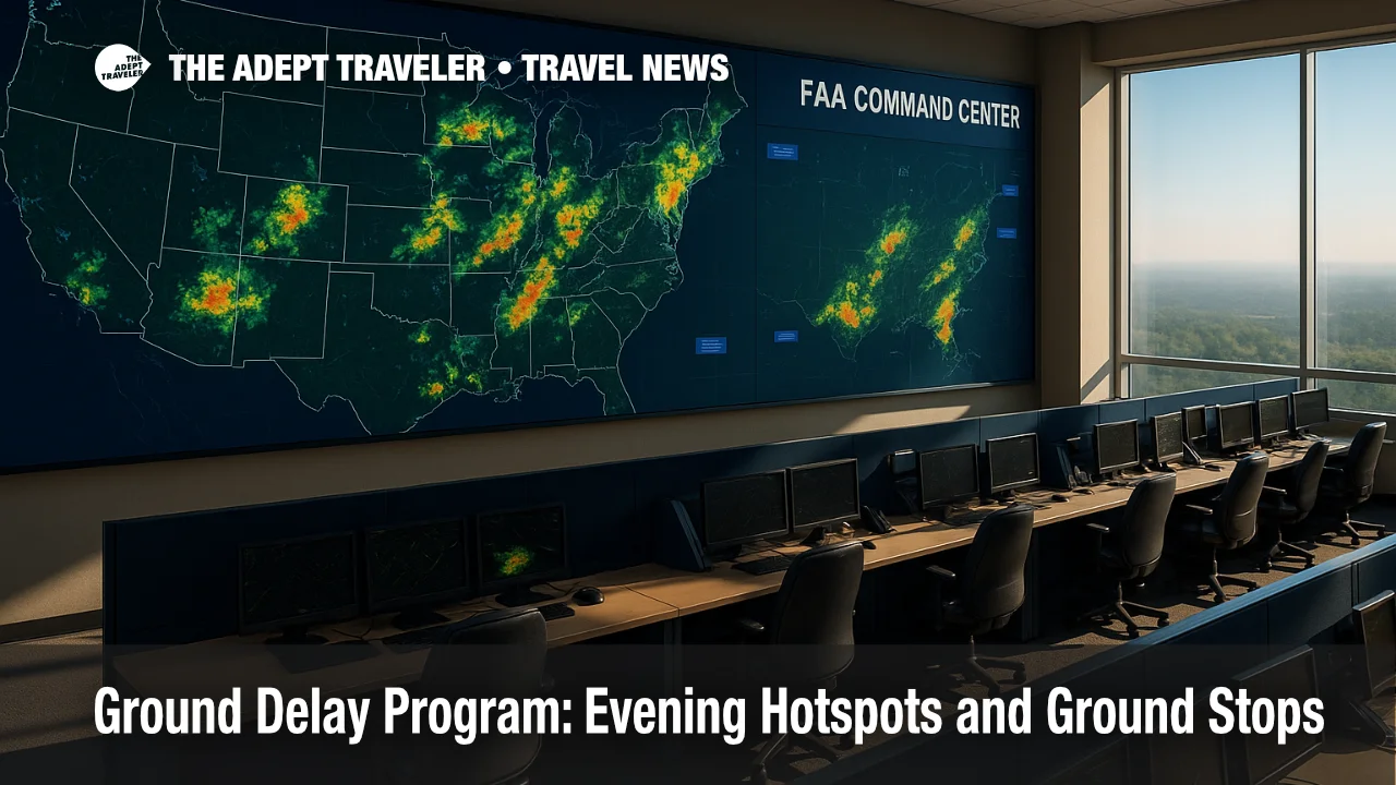 Large radar wall at the FAA Command Center displaying storm cells that can trigger a ground delay program, viewed from consoles on the operations floor.