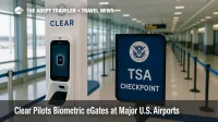 Clear biometric eGate in airport terminal guides travelers to TSA checkpoint, using facial recognition for faster screening.