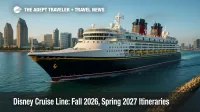 A Disney Cruise Line ship glides past the San Diego skyline, highlighting Disney Cruise Line fall 2026 and spring 2027 itineraries.