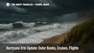 A dark, stormy sky and Atlantic waves crash onto a sandy beach, illustrating Hurricane Erin travel impacts and high surf.