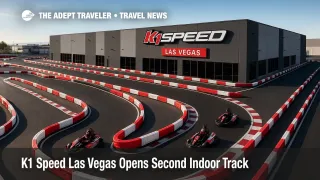 Two indoor circuits at K1 Speed Las Vegas with electric go-karts racing through a 15-turn layout, highlighting indoor go-kart racing upgrades.