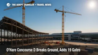 Daylit render of the new O'Hare Concourse D atrium with oculus and landscaped seating, showing the airport expansion's traveler-focused design.