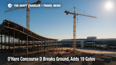Daylit render of the new O'Hare Concourse D atrium with oculus and landscaped seating, showing the airport expansion's traveler-focused design.