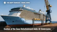 Ovation of the Seas in dry dock during Royal Amplified work, with cranes and scaffolding visible, highlighting the 2026 refurbishment before Alaska sailings.