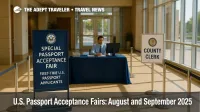 A weekend passport acceptance fair shows a staffed check-in desk and stanchions, illustrating how passport acceptance fairs help first-time applicants.