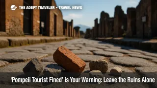 Close view of stone fragments on a Pompeii street reminding travelers not to take historic site souvenirs or steal artefacts from ruins.