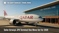 A Qatar Airways widebody parks near JFK's New Terminal One site, previewing the carrier's 2026 move and new Qatar Airways lounge in New York.