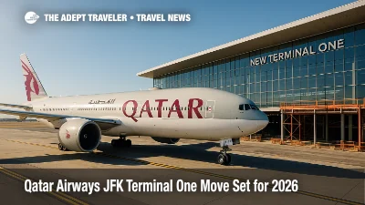 A Qatar Airways widebody parks near JFK's New Terminal One site, previewing the carrier's 2026 move and new Qatar Airways lounge in New York.